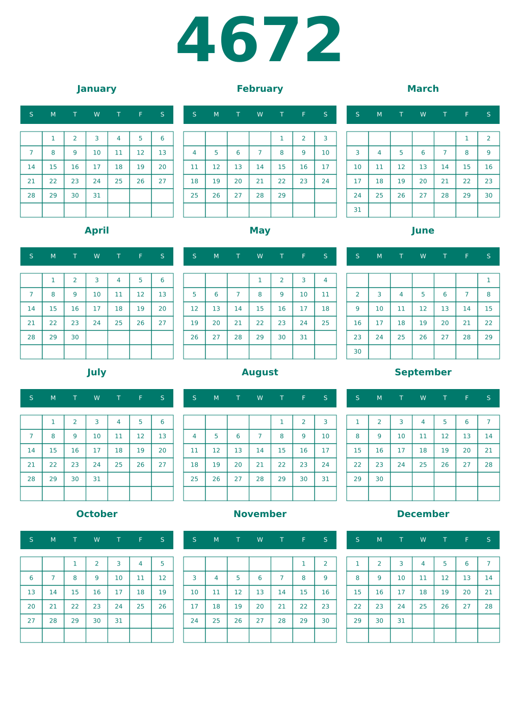 Printable 4672 Year Calendars pastel