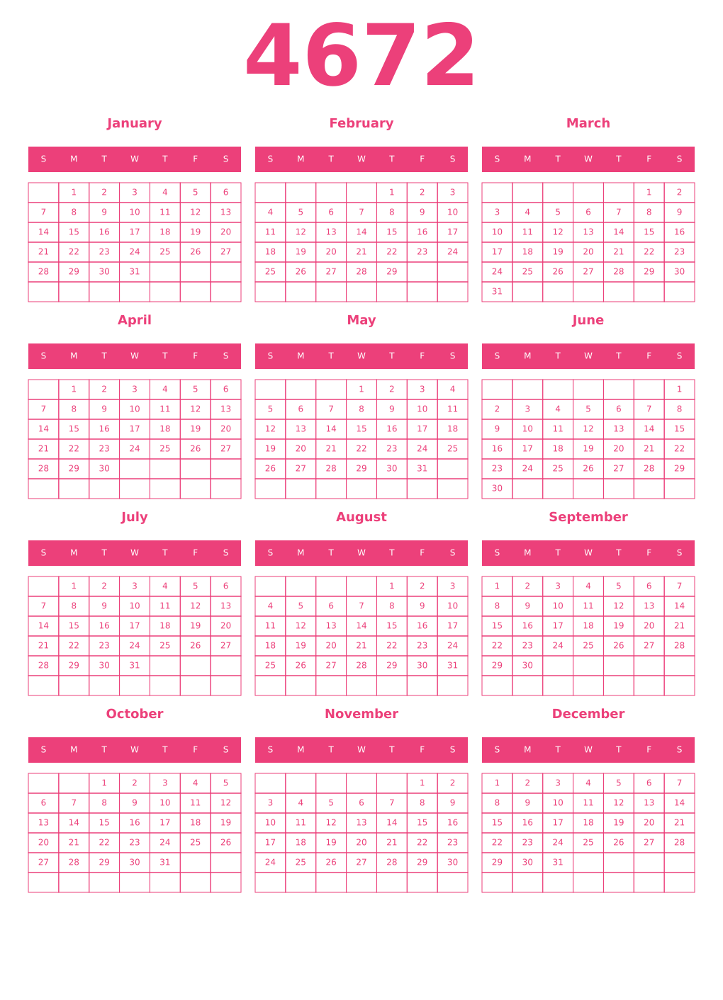 Printable 4672 Year Calendars pink