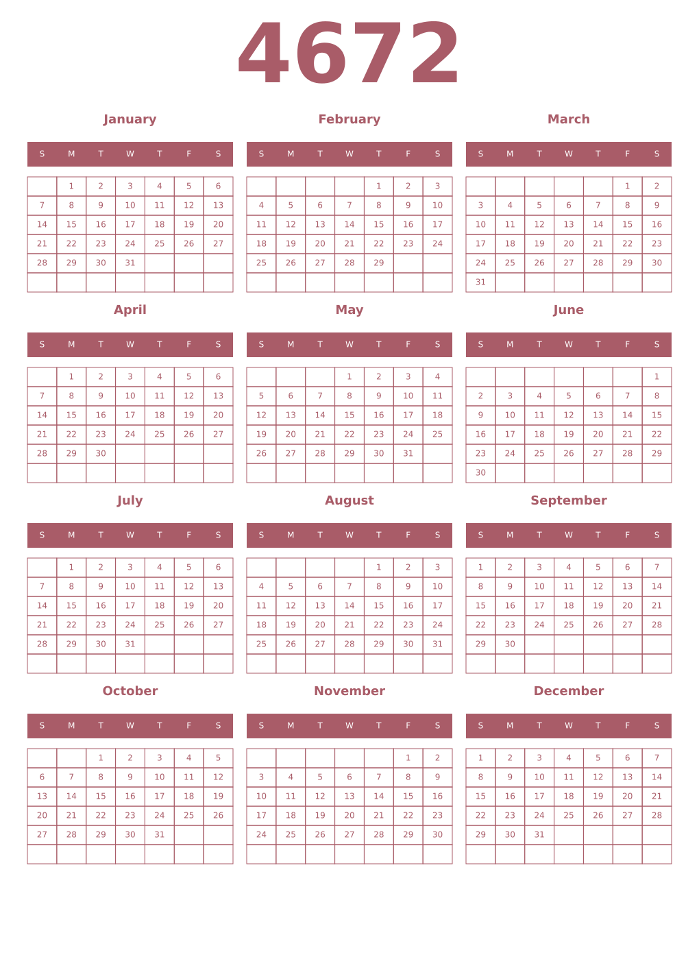 Printable 4672 Year Calendars puce