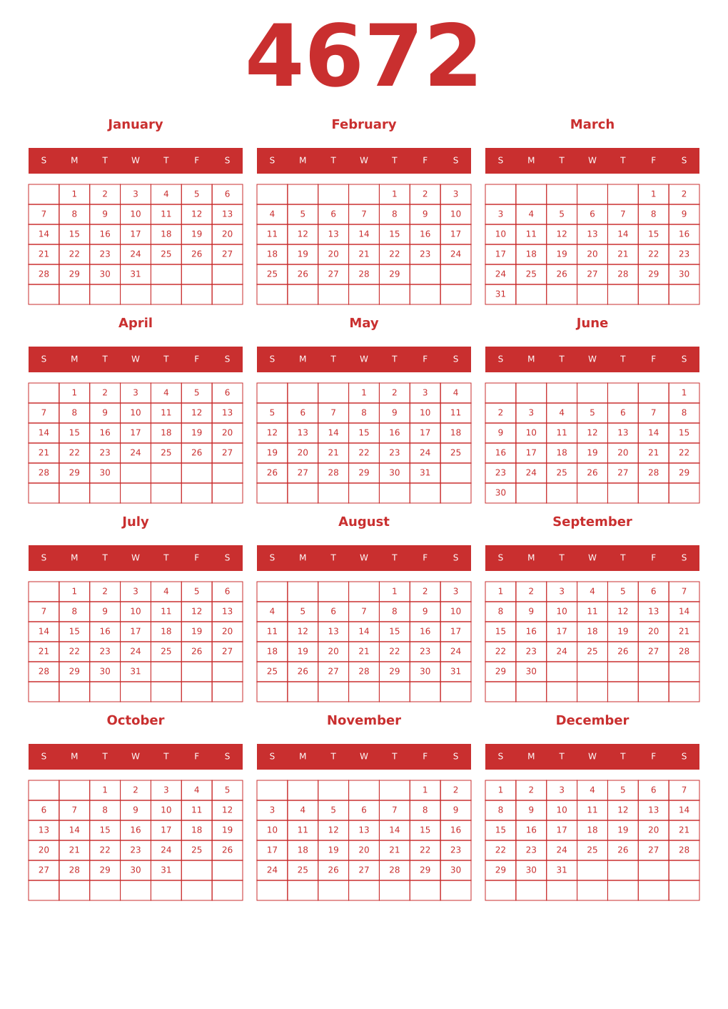 Printable 4672 Year Calendars red