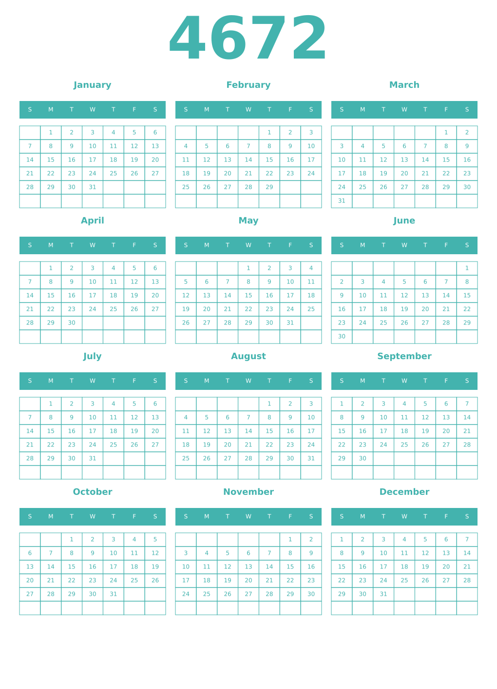 Printable 4672 Year Calendars verdigris
