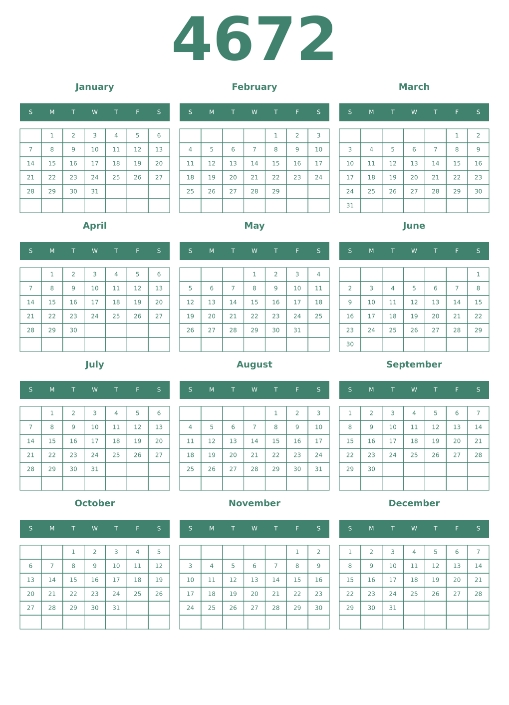 Printable 4672 Year Calendars viridian