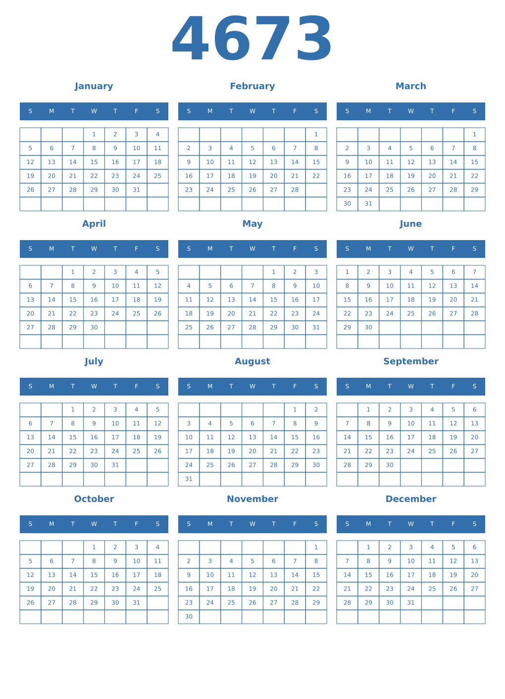 Printable 4673 Year Calendars blue