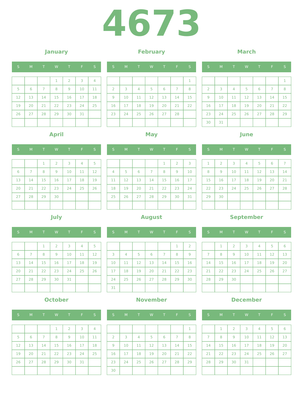 Printable 4673 Year Calendars celadon