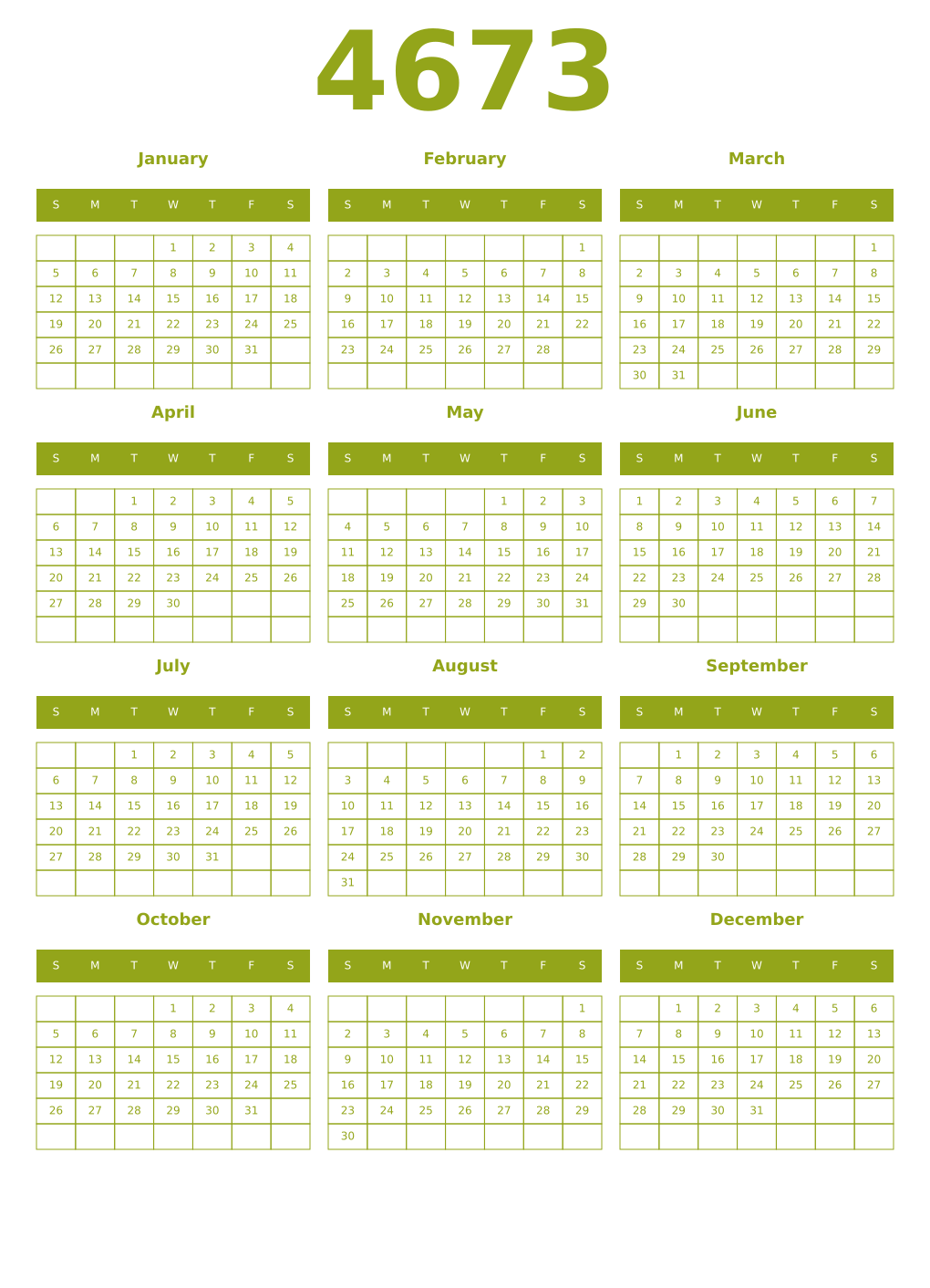 Printable 4673 Year Calendars chartreuse