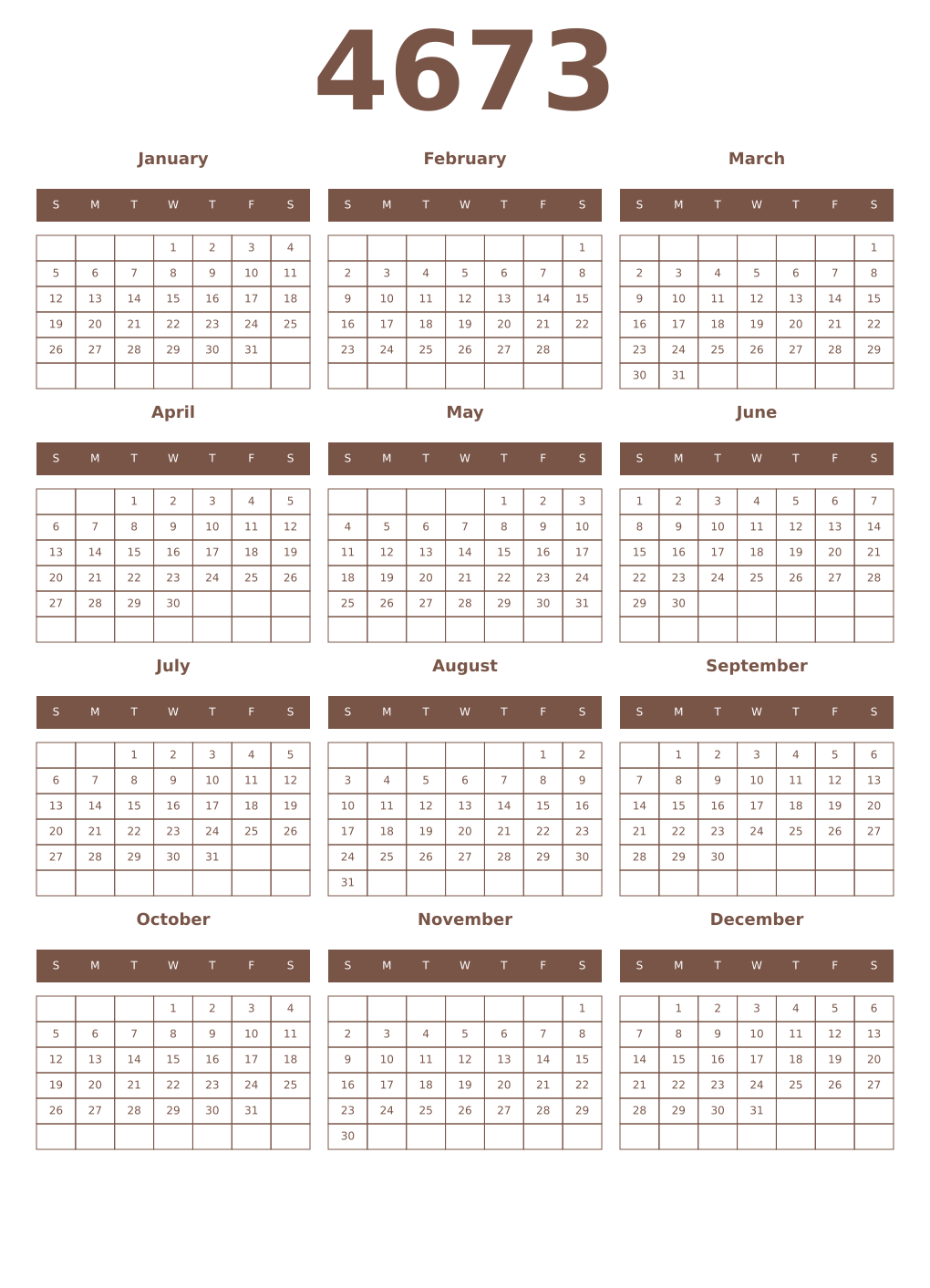 Printable 4673 Year Calendars coffe