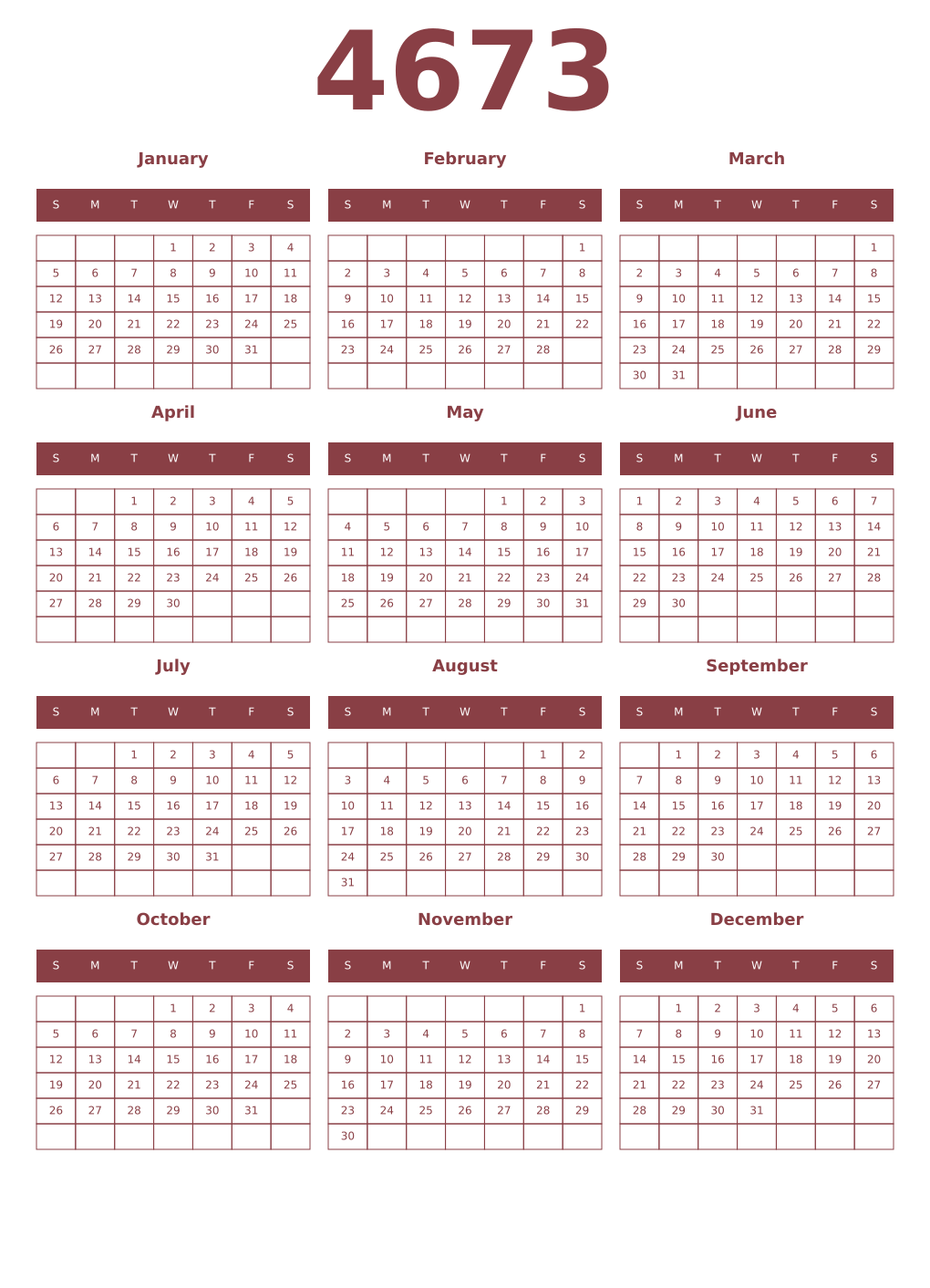 Printable 4673 Year Calendars cordovan