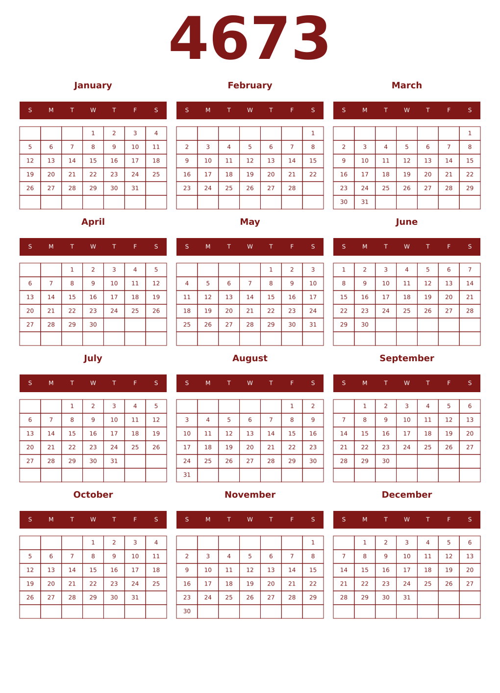 Printable 4673 Year Calendars falu