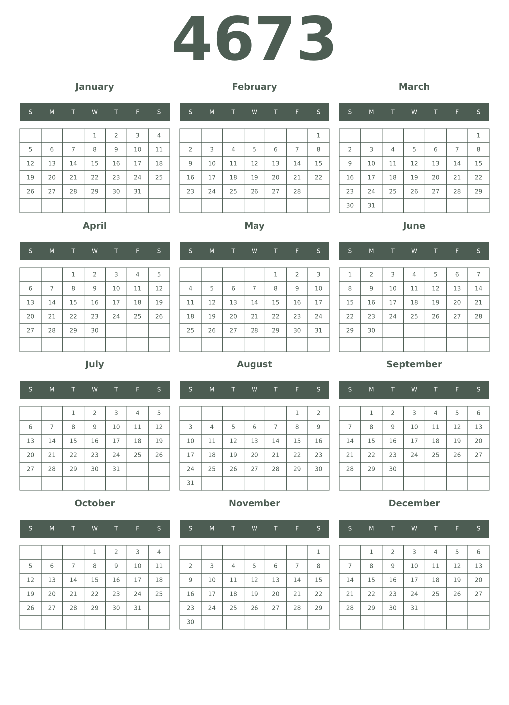 Printable 4673 Year Calendars feldgrau