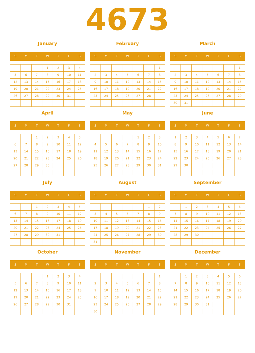 Printable 4673 Year Calendars gamboge