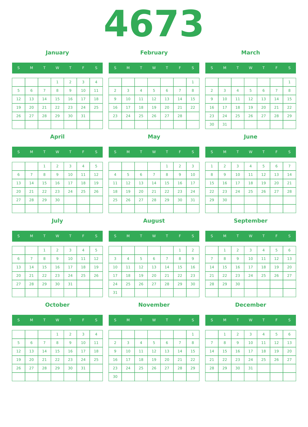 Printable 4673 Year Calendars green