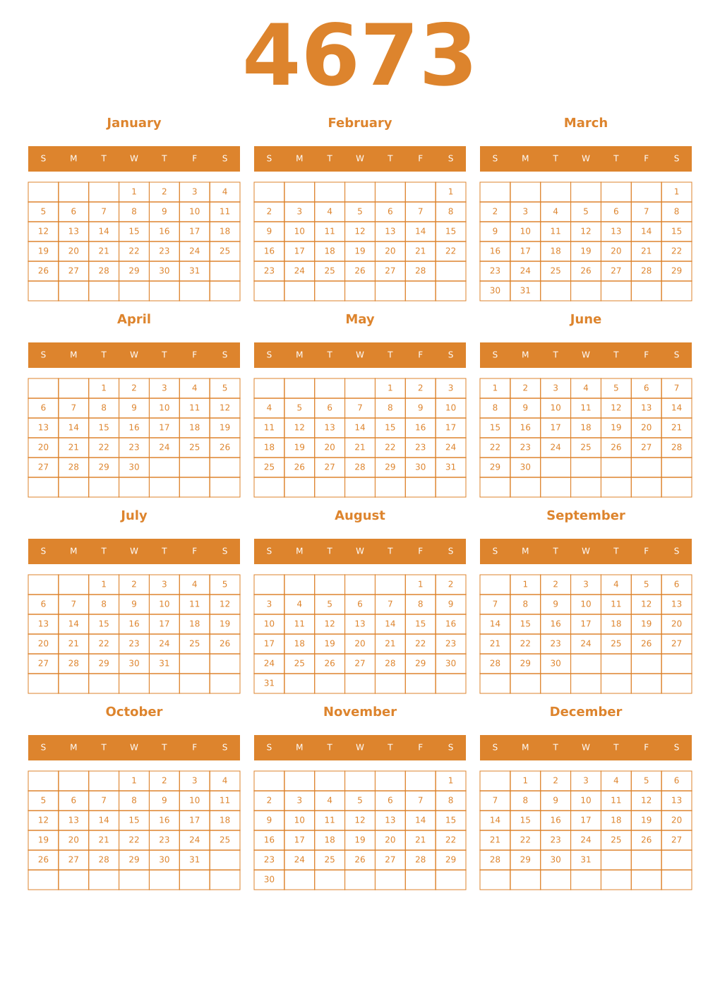 Printable 4673 Year Calendars orange