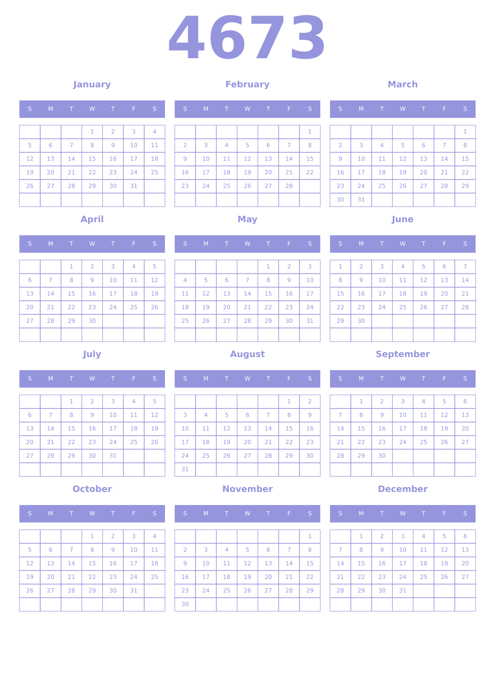 Printable 4673 Year Calendars periwinkle