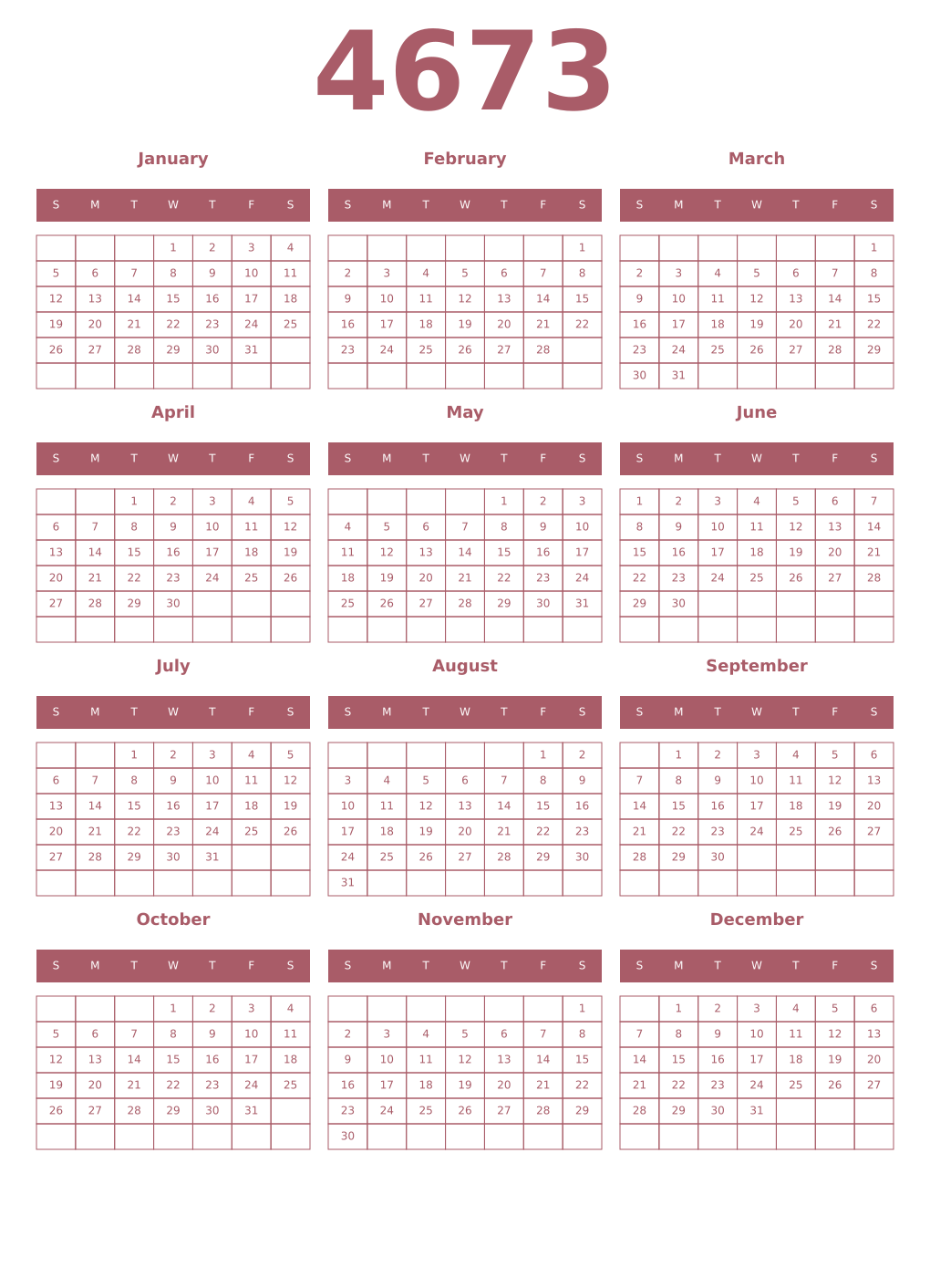 Printable 4673 Year Calendars puce