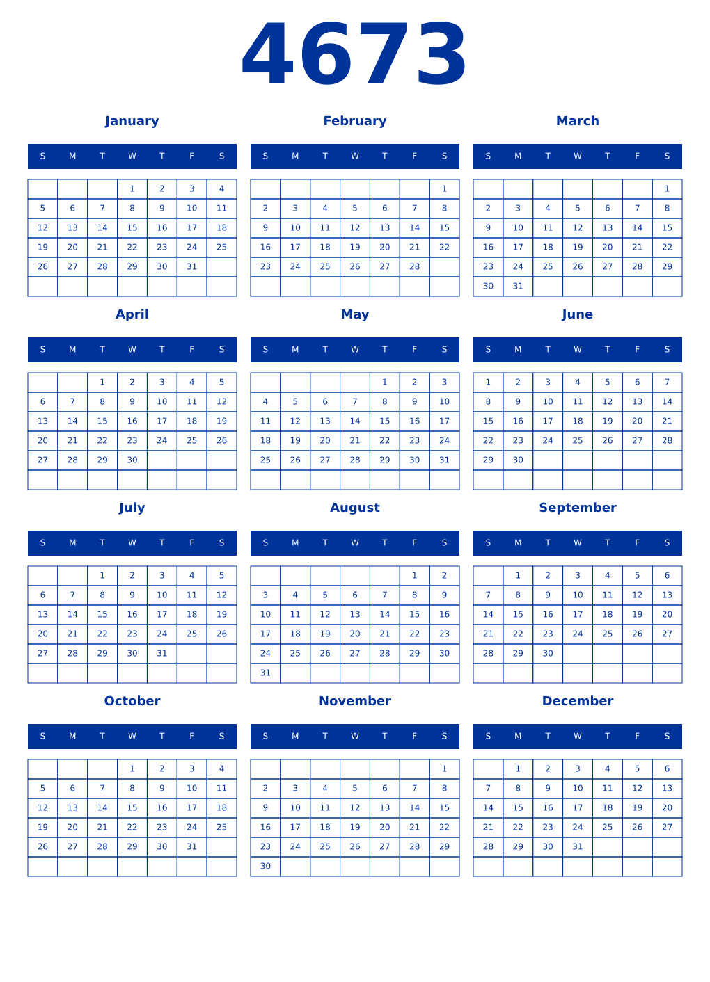 Printable 4673 Year Calendars smalt