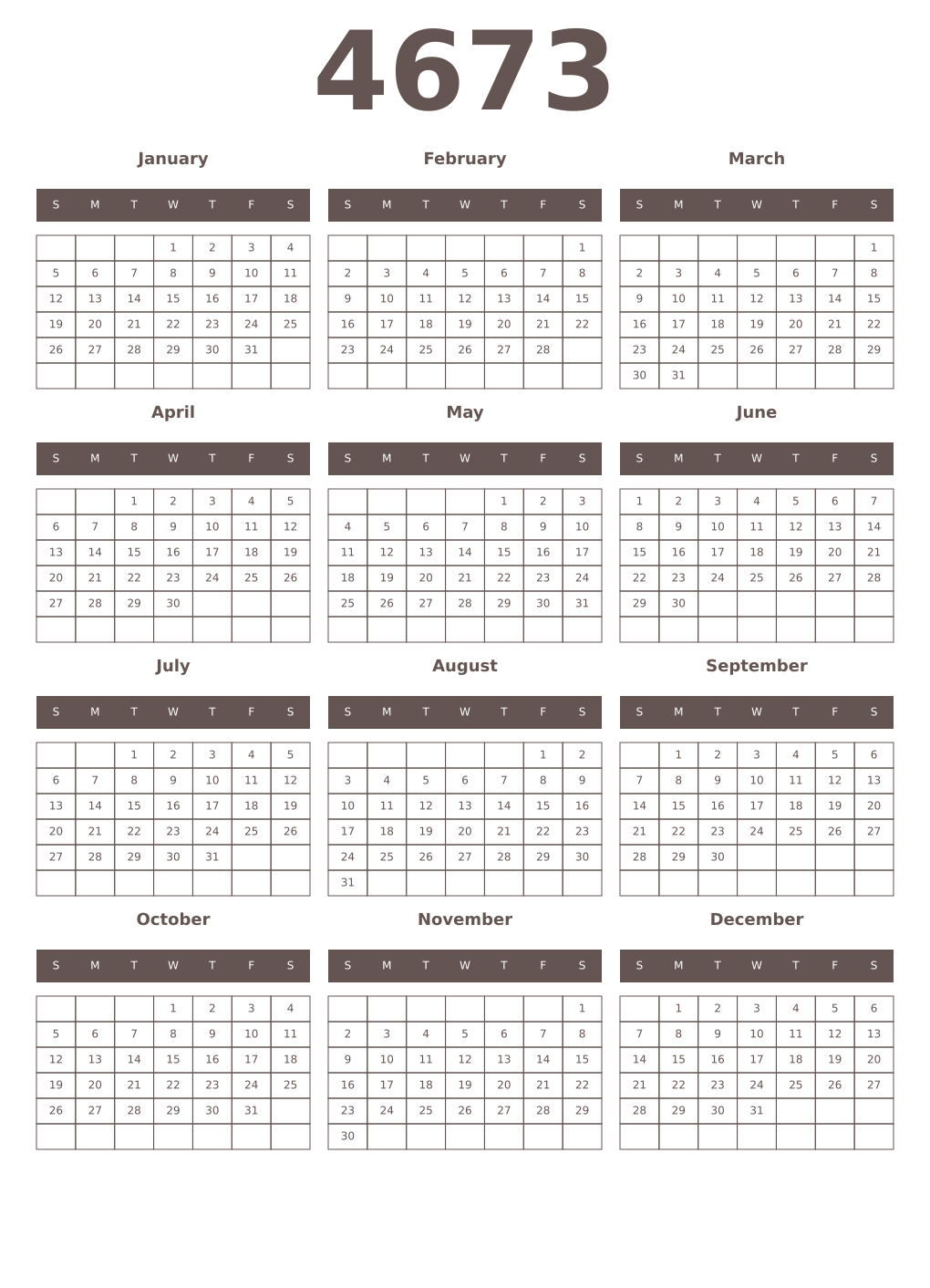 Printable 4673 Year Calendars wenge