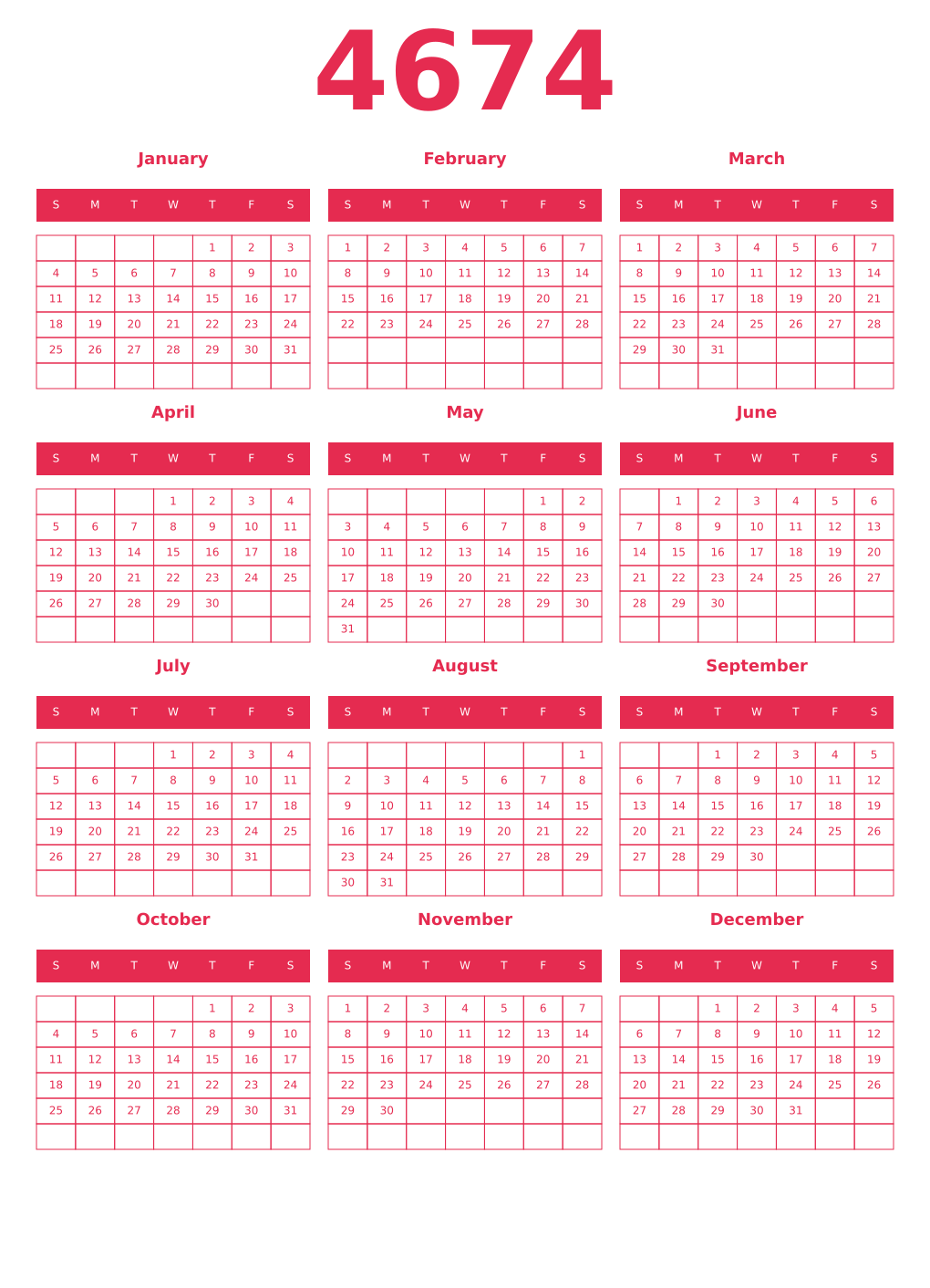 Printable 4674 Year Calendars amaranth