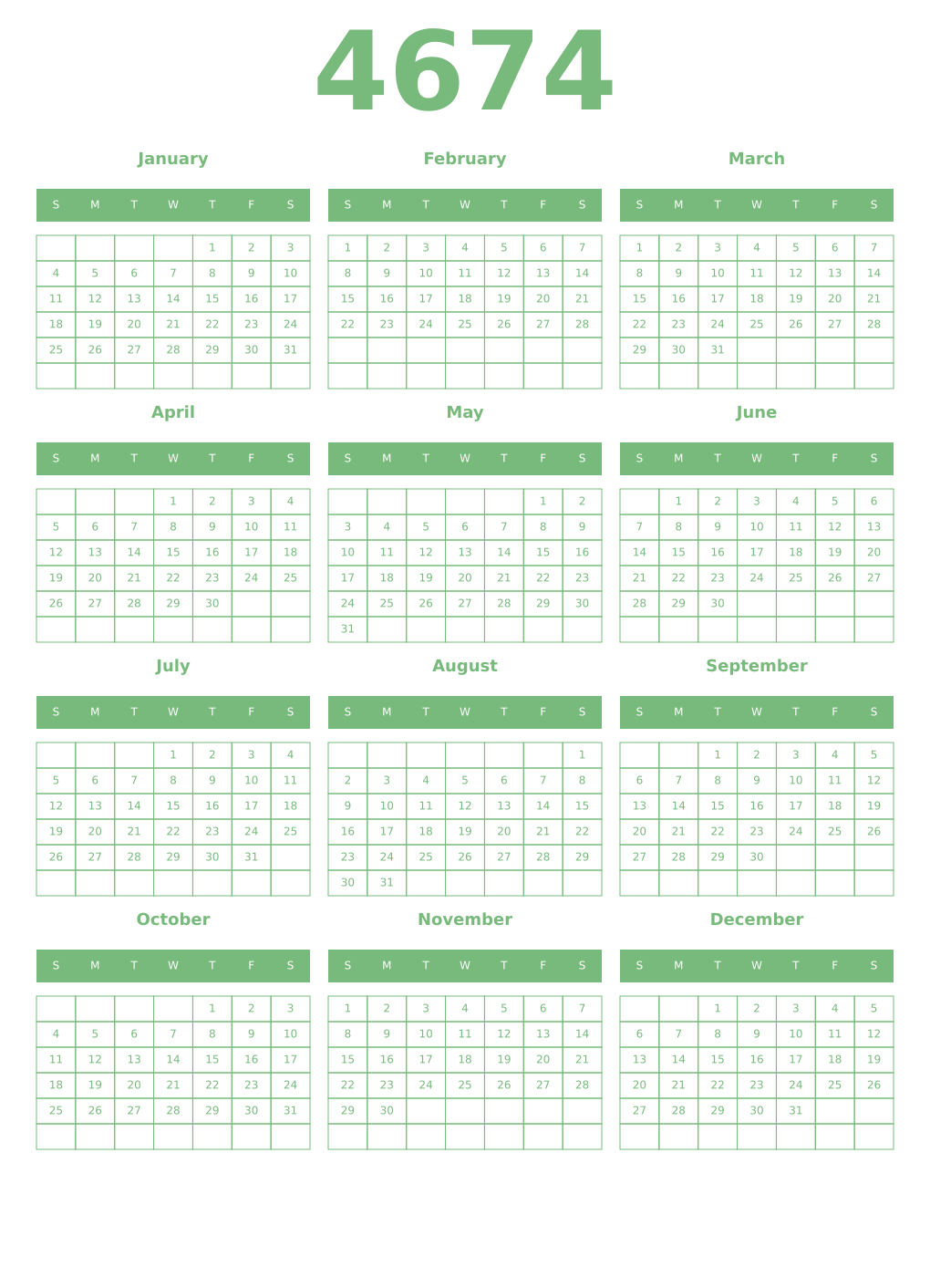 Printable 4674 Year Calendars celadon