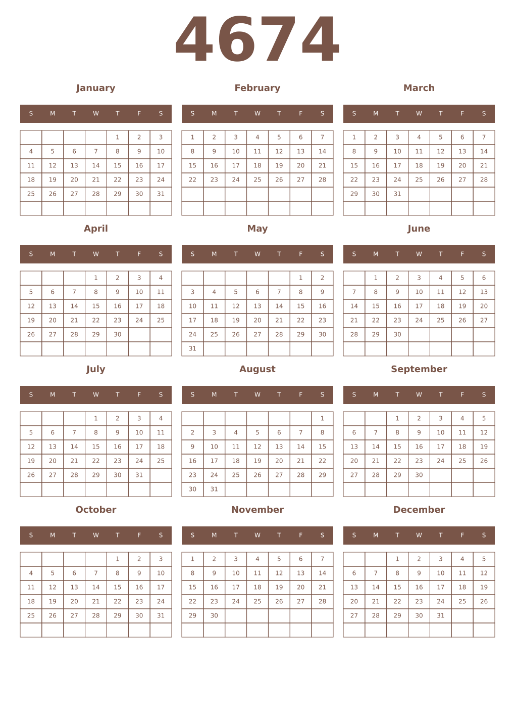Printable 4674 Year Calendars coffe