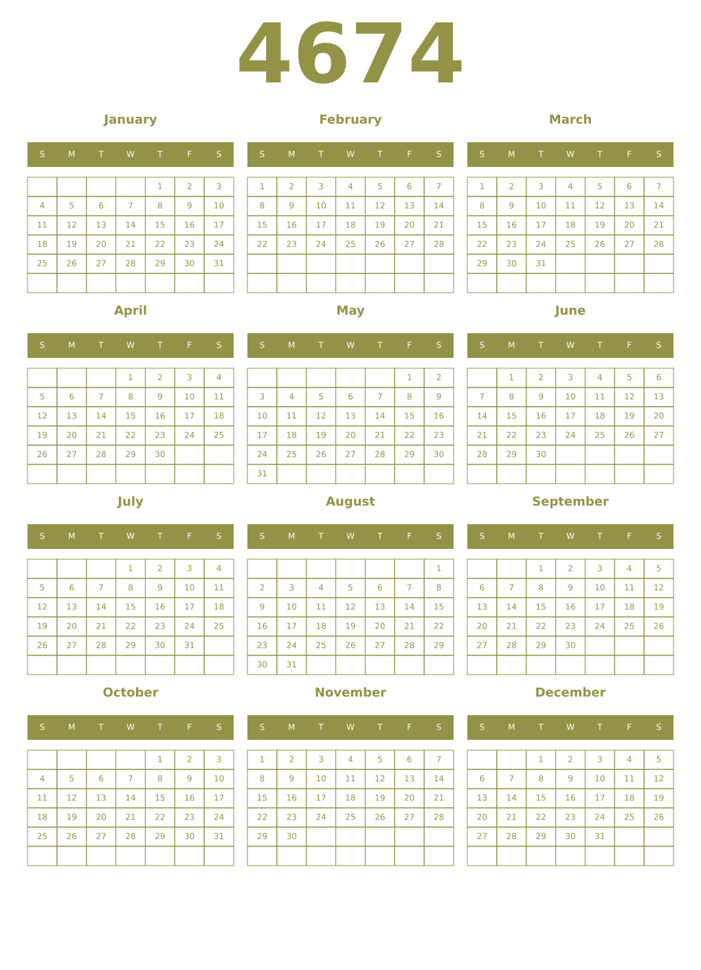 Printable 4674 Year Calendars eburnean