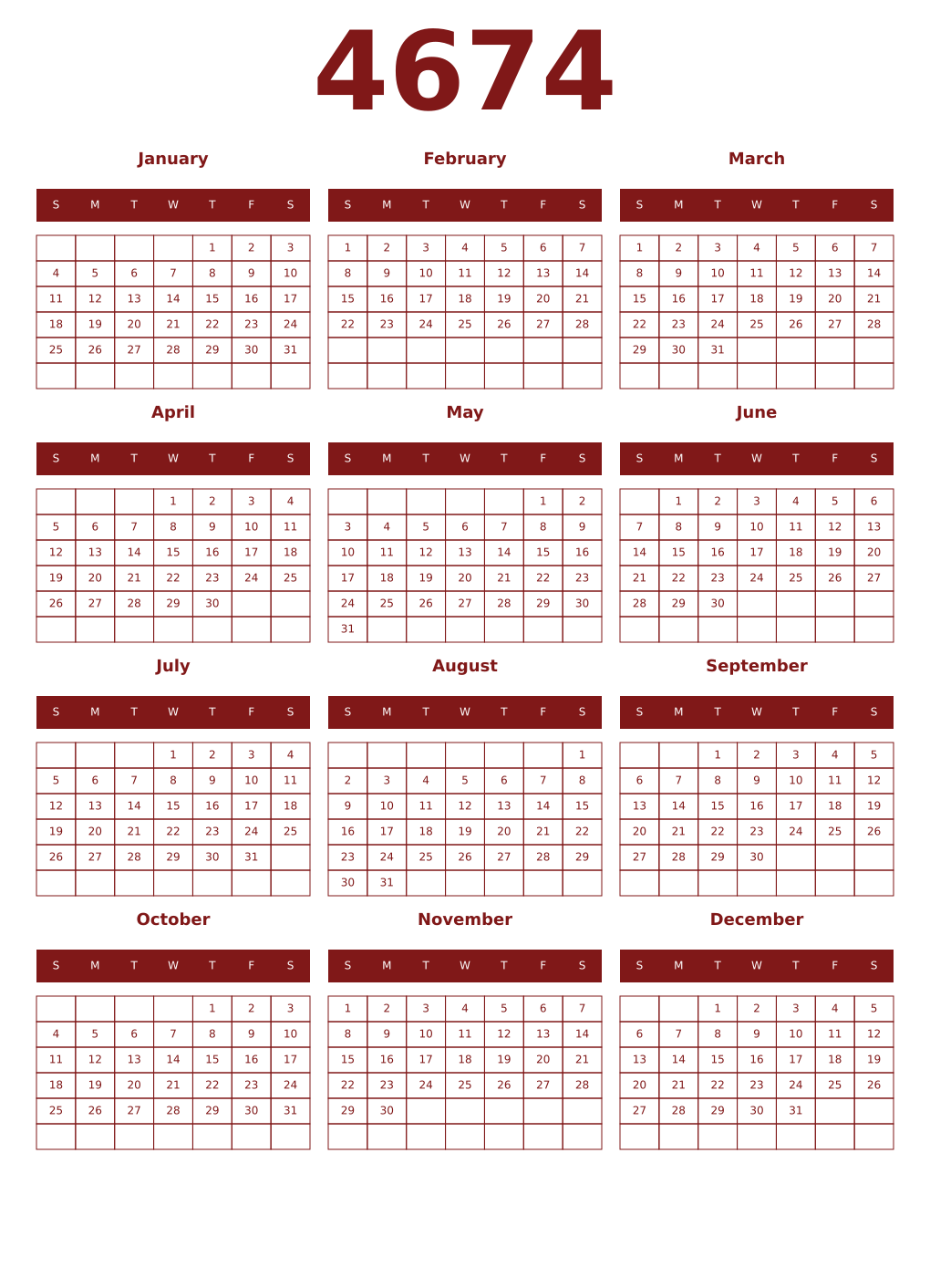 Printable 4674 Year Calendars falu