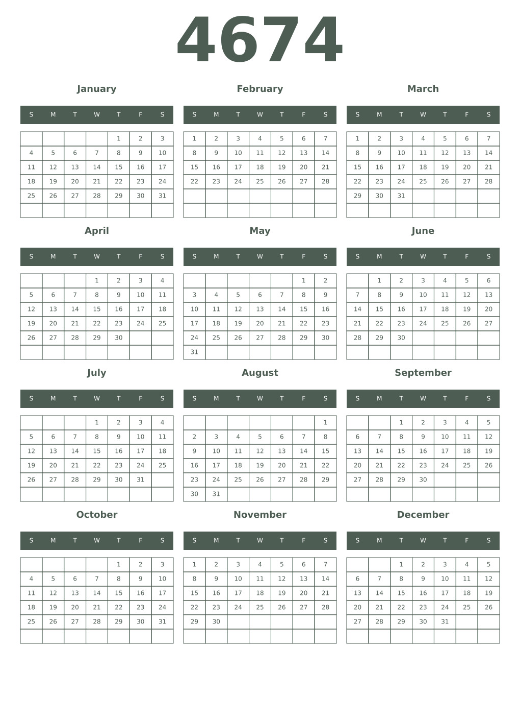 Printable 4674 Year Calendars feldgrau