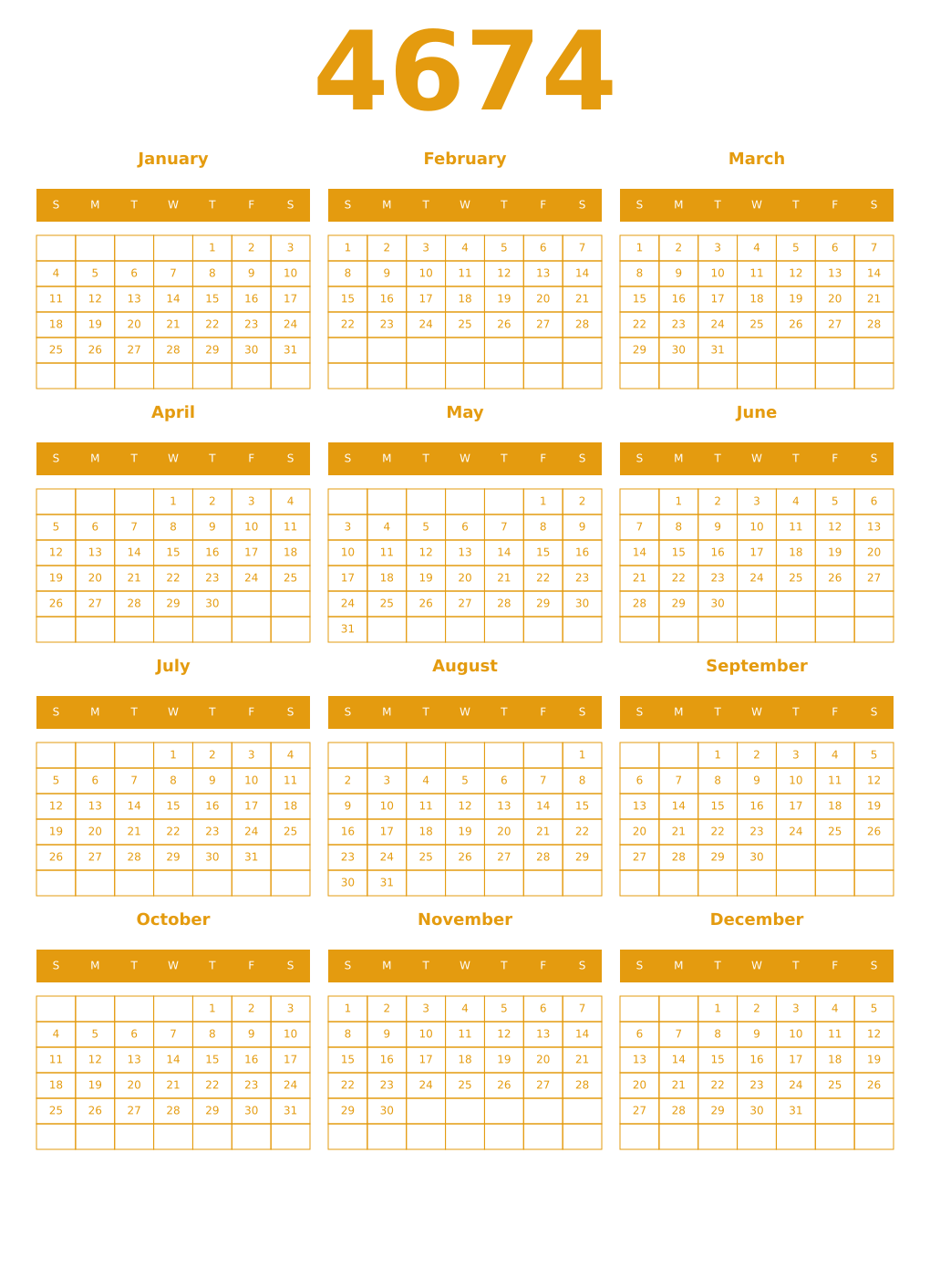 Printable 4674 Year Calendars gamboge