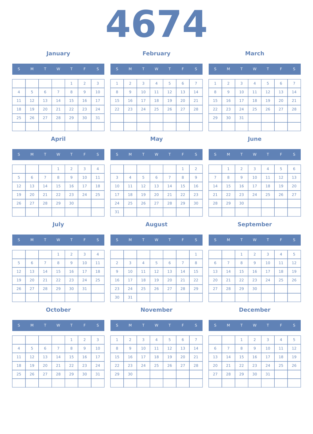 Printable 4674 Year Calendars glaucous