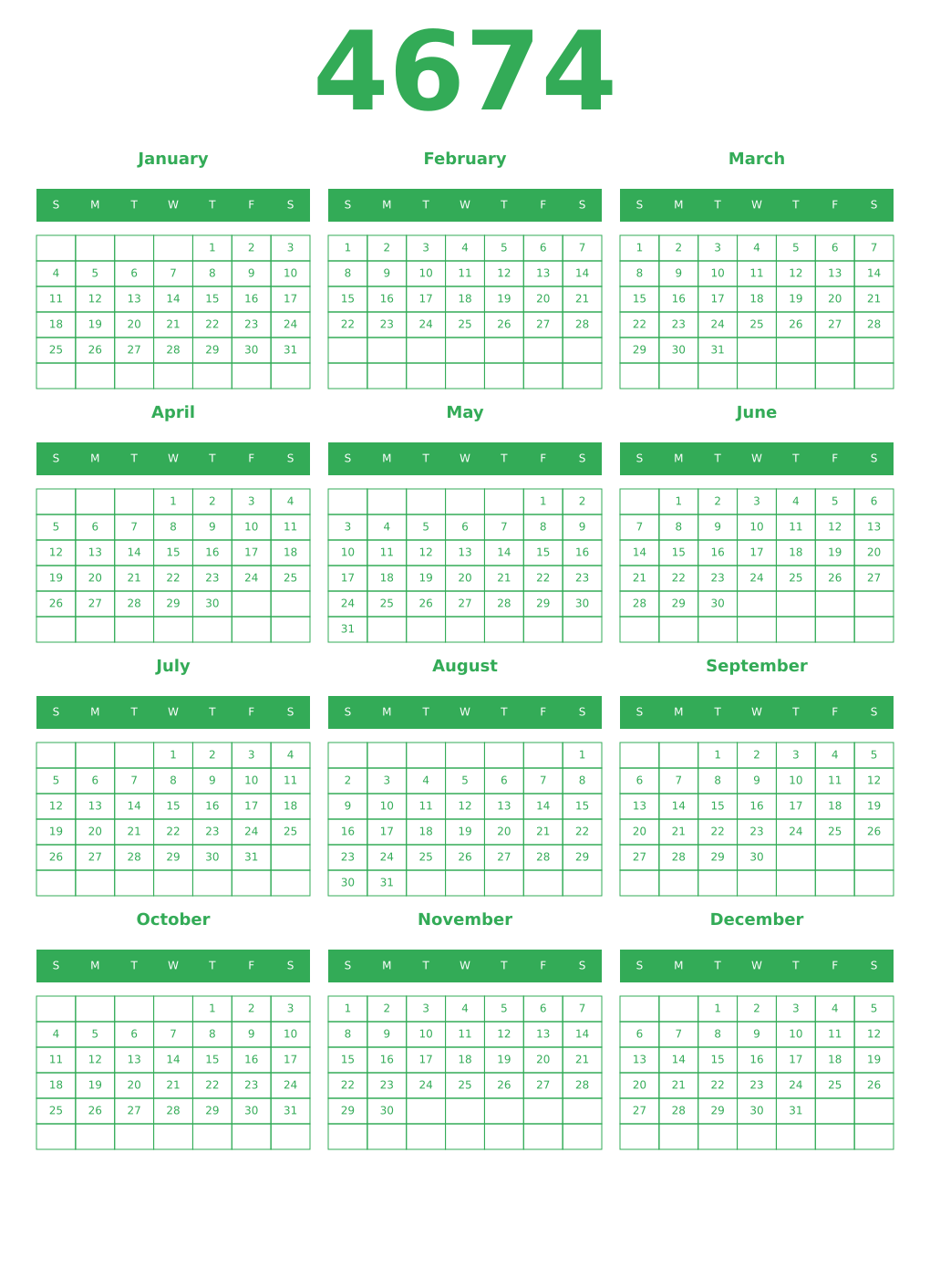 Printable 4674 Year Calendars green