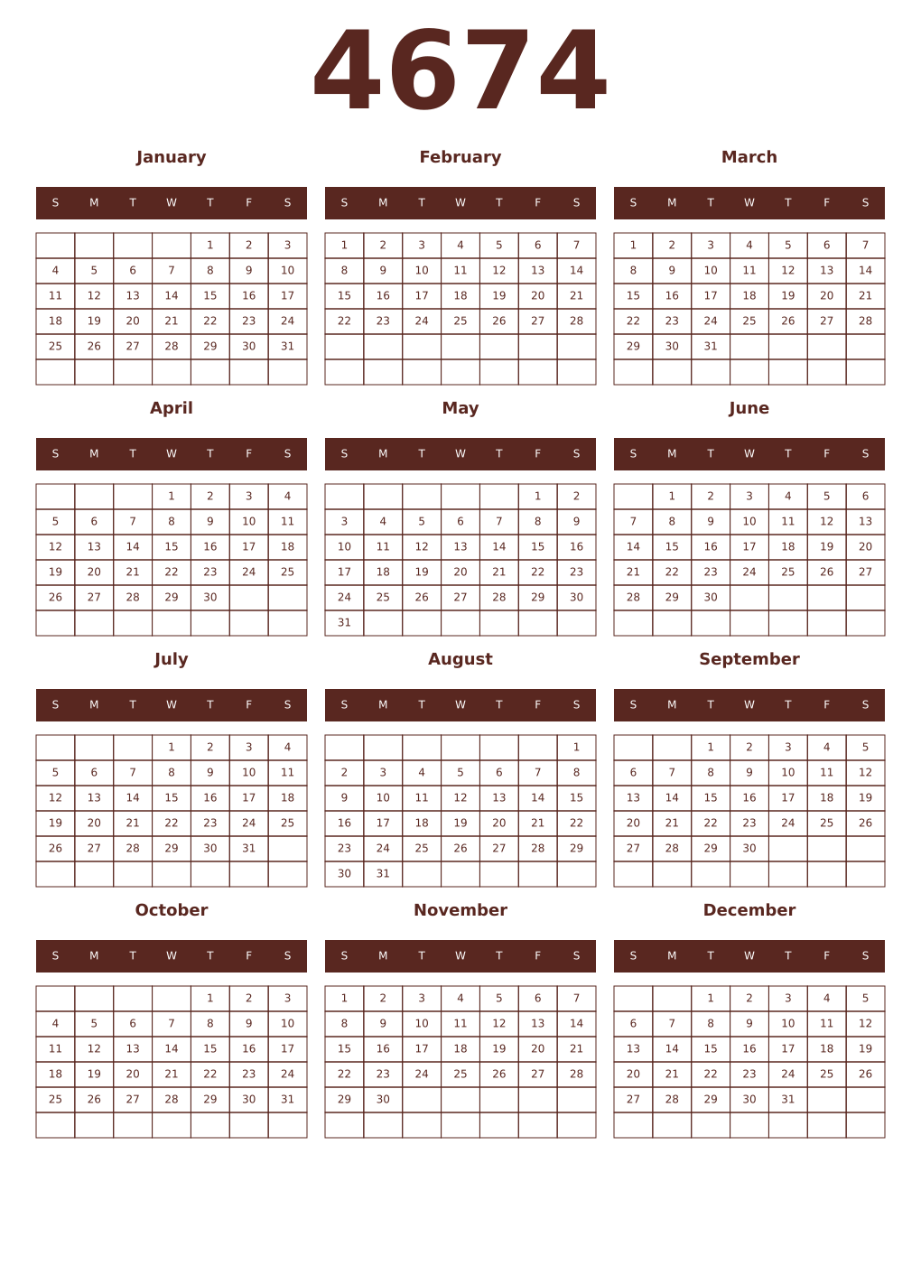 Printable 4674 Year Calendars mortuum