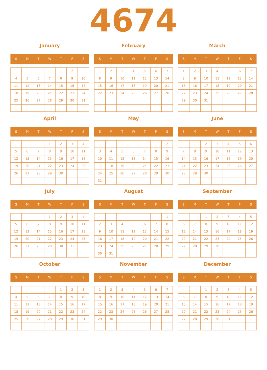 Printable 4674 Year Calendars orange
