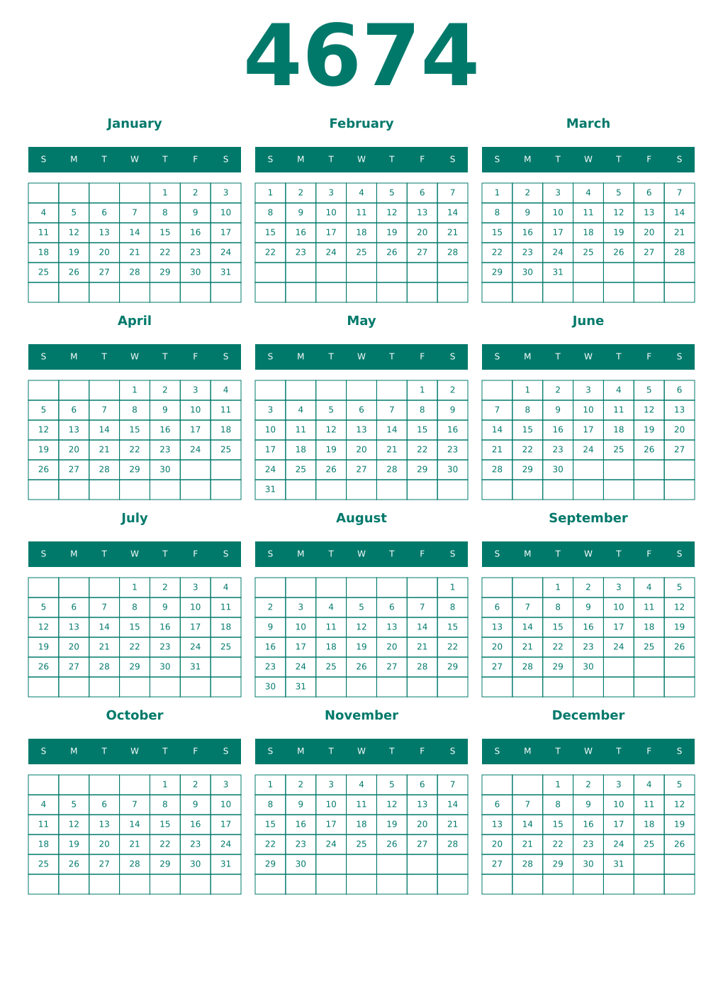 Printable 4674 Year Calendars pastel