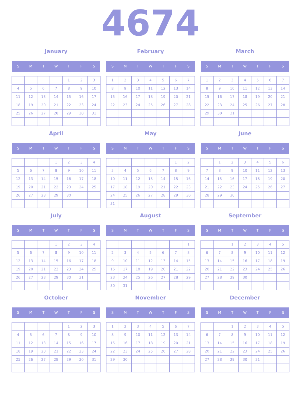 Printable 4674 Year Calendars periwinkle