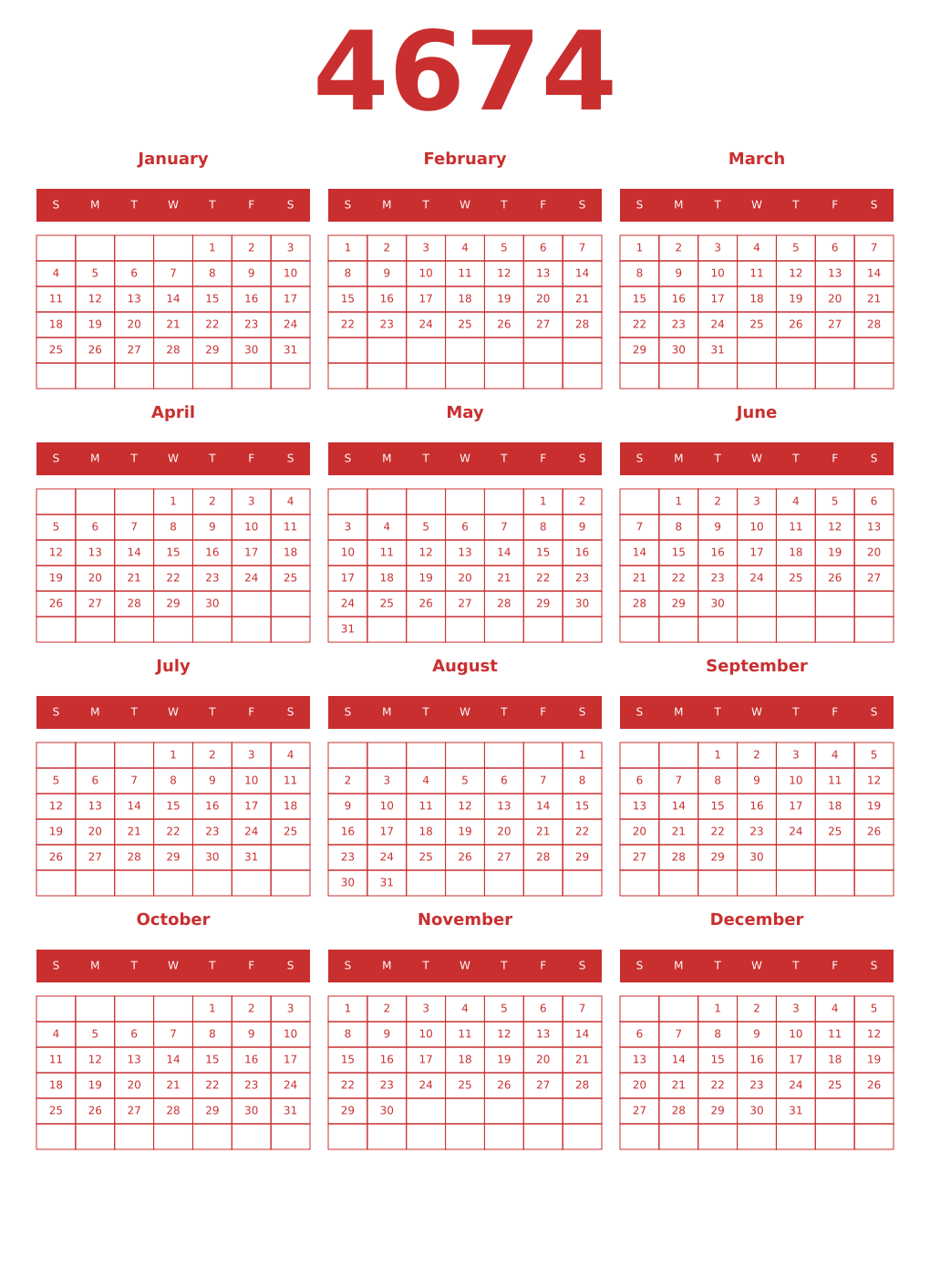 Printable 4674 Year Calendars red