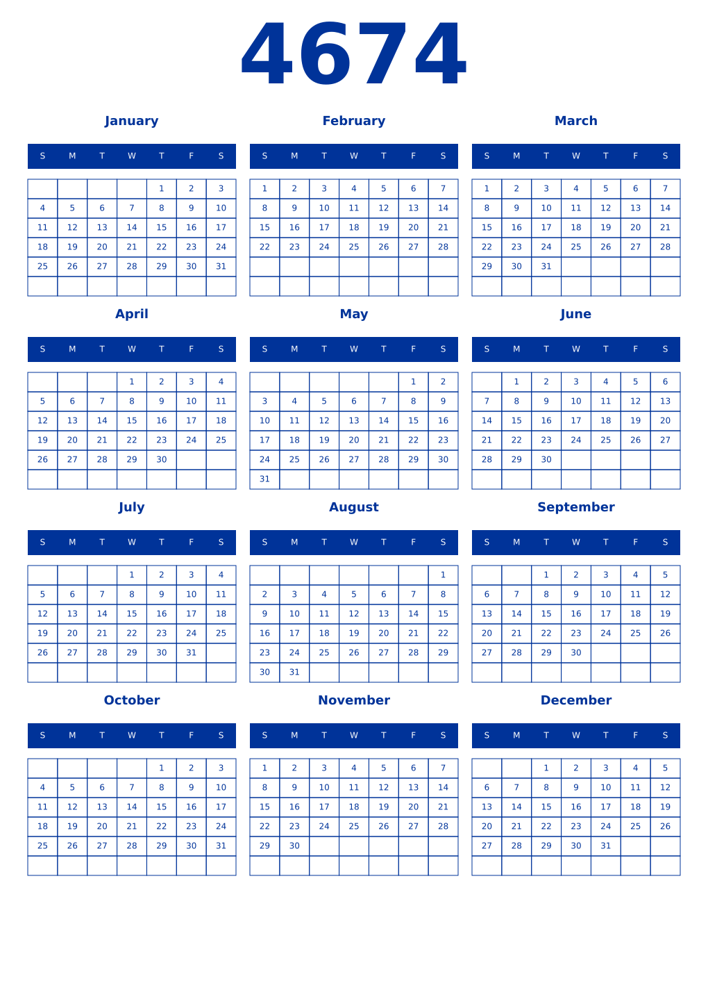 Printable 4674 Year Calendars smalt