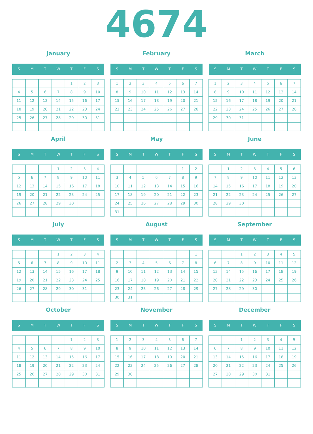 Printable 4674 Year Calendars verdigris