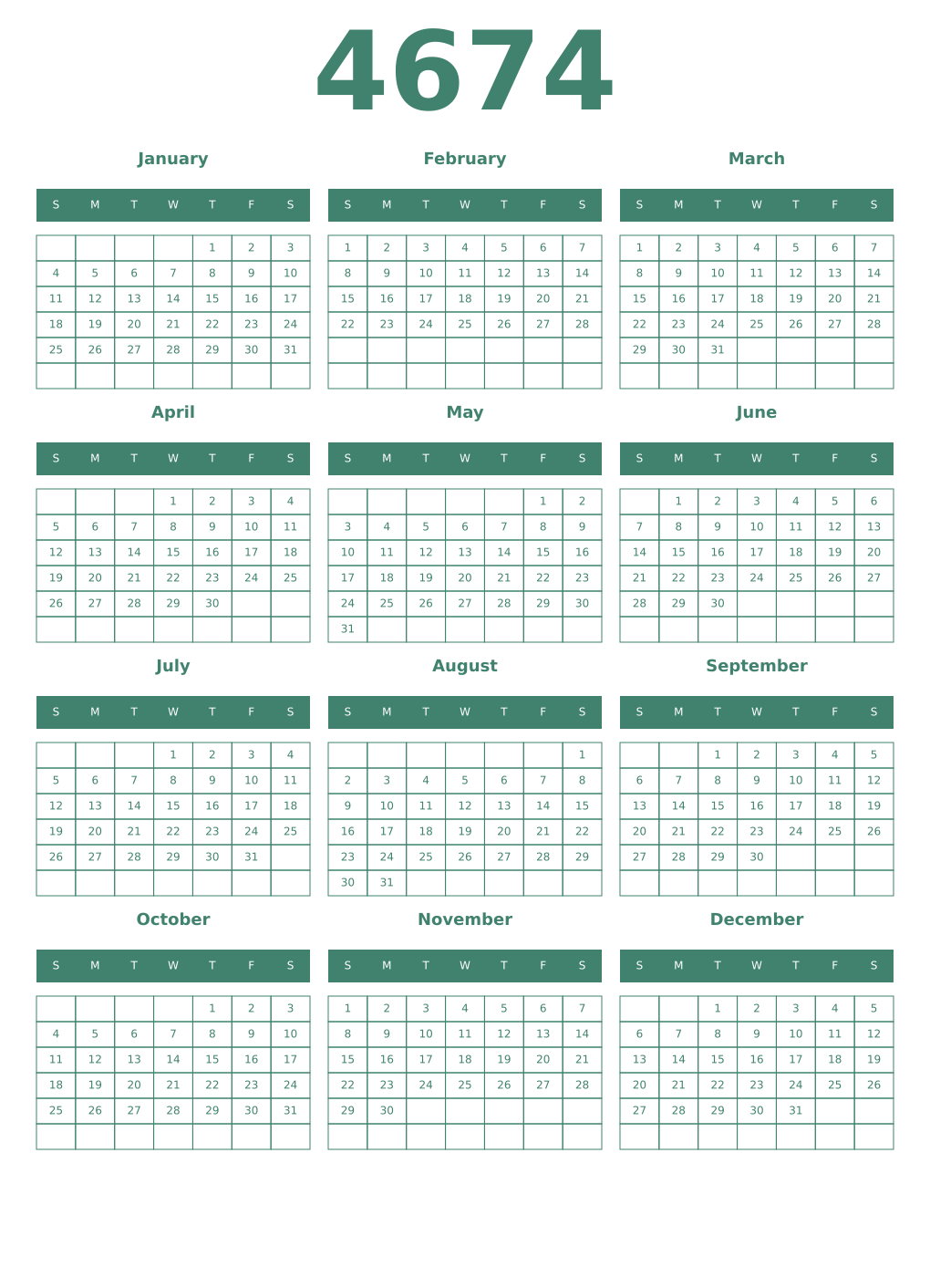 Printable 4674 Year Calendars viridian