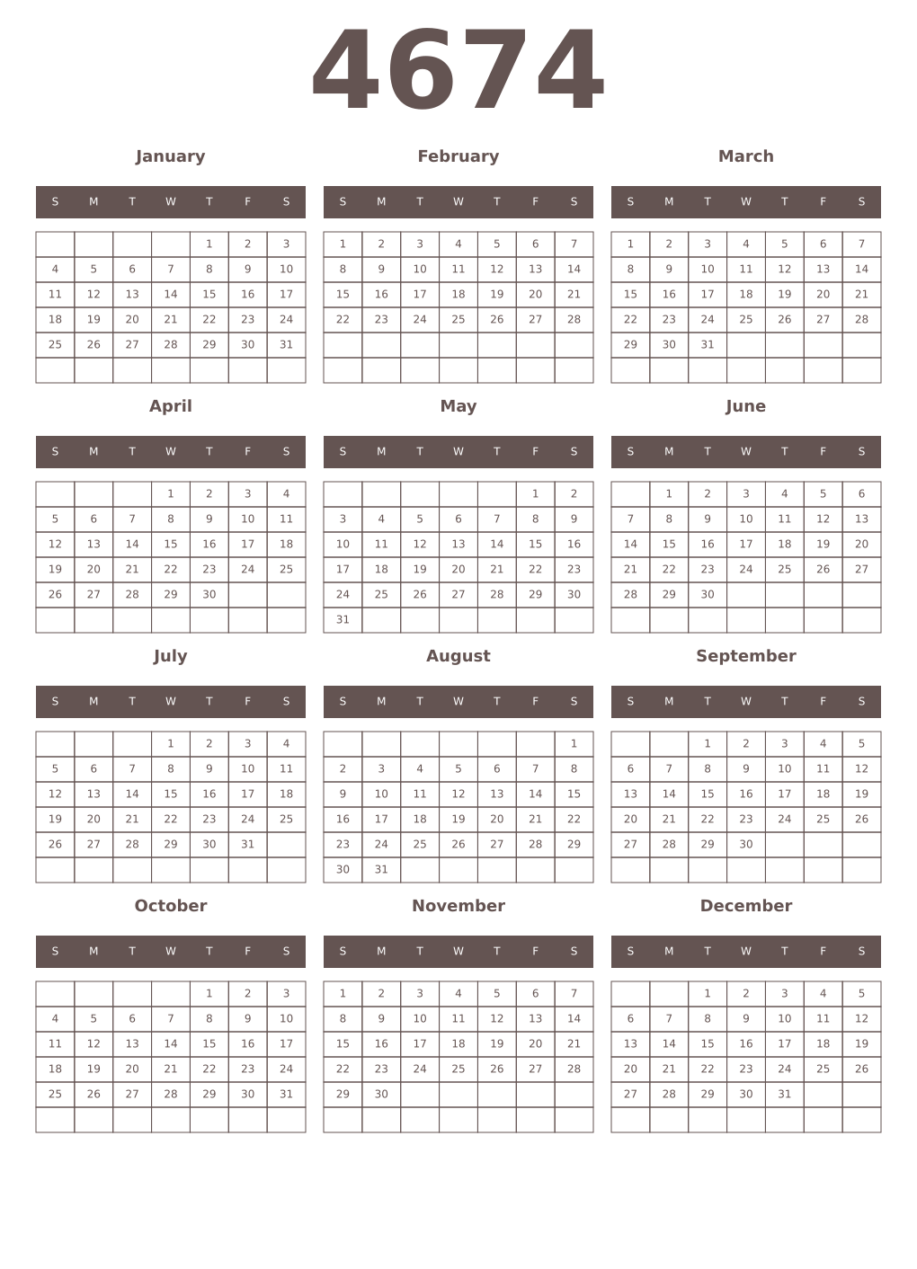 Printable 4674 Year Calendars wenge