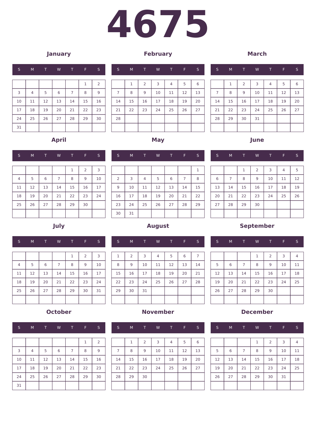 Printable 4675 Year Calendars aubergine