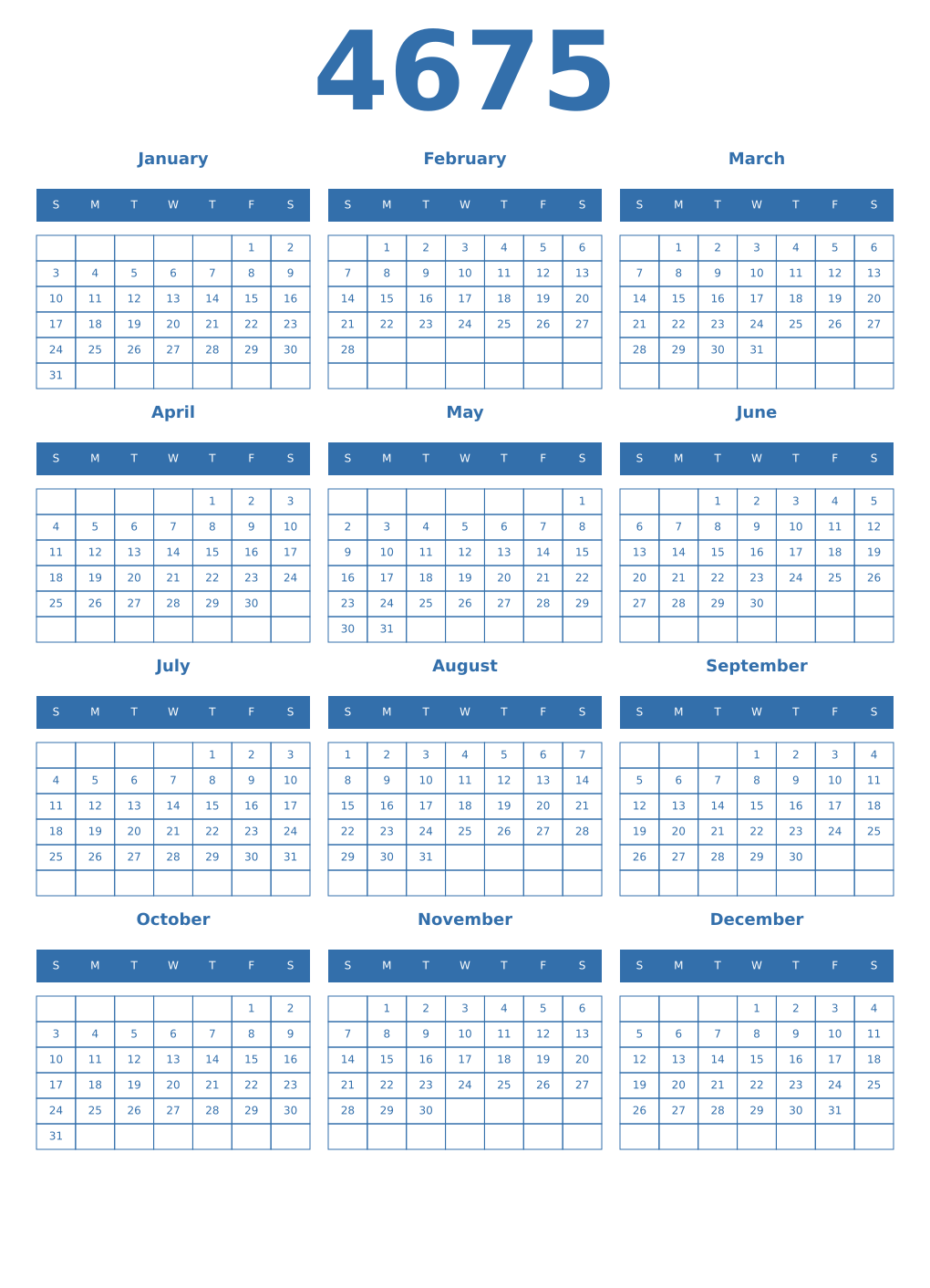 Printable 4675 Year Calendars blue