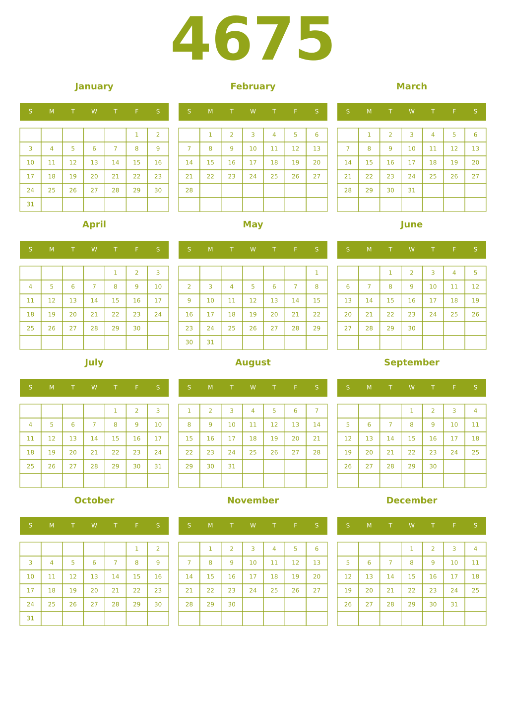 Printable 4675 Year Calendars chartreuse