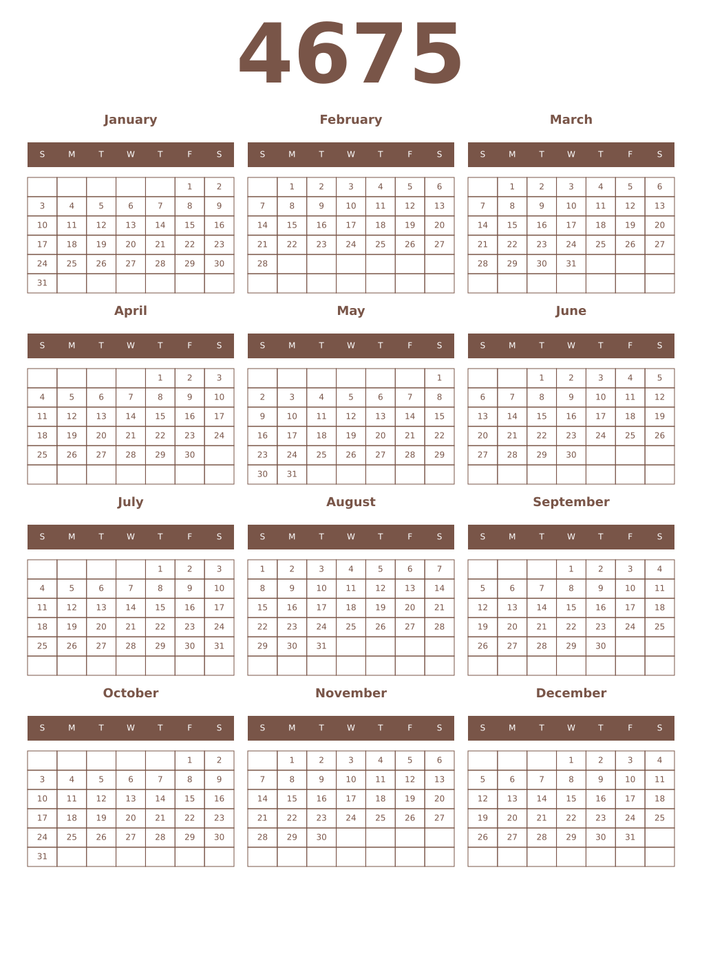 Printable 4675 Year Calendars coffe