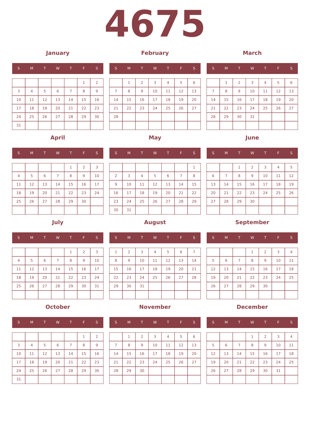 Printable 4675 Year Calendars cordovan