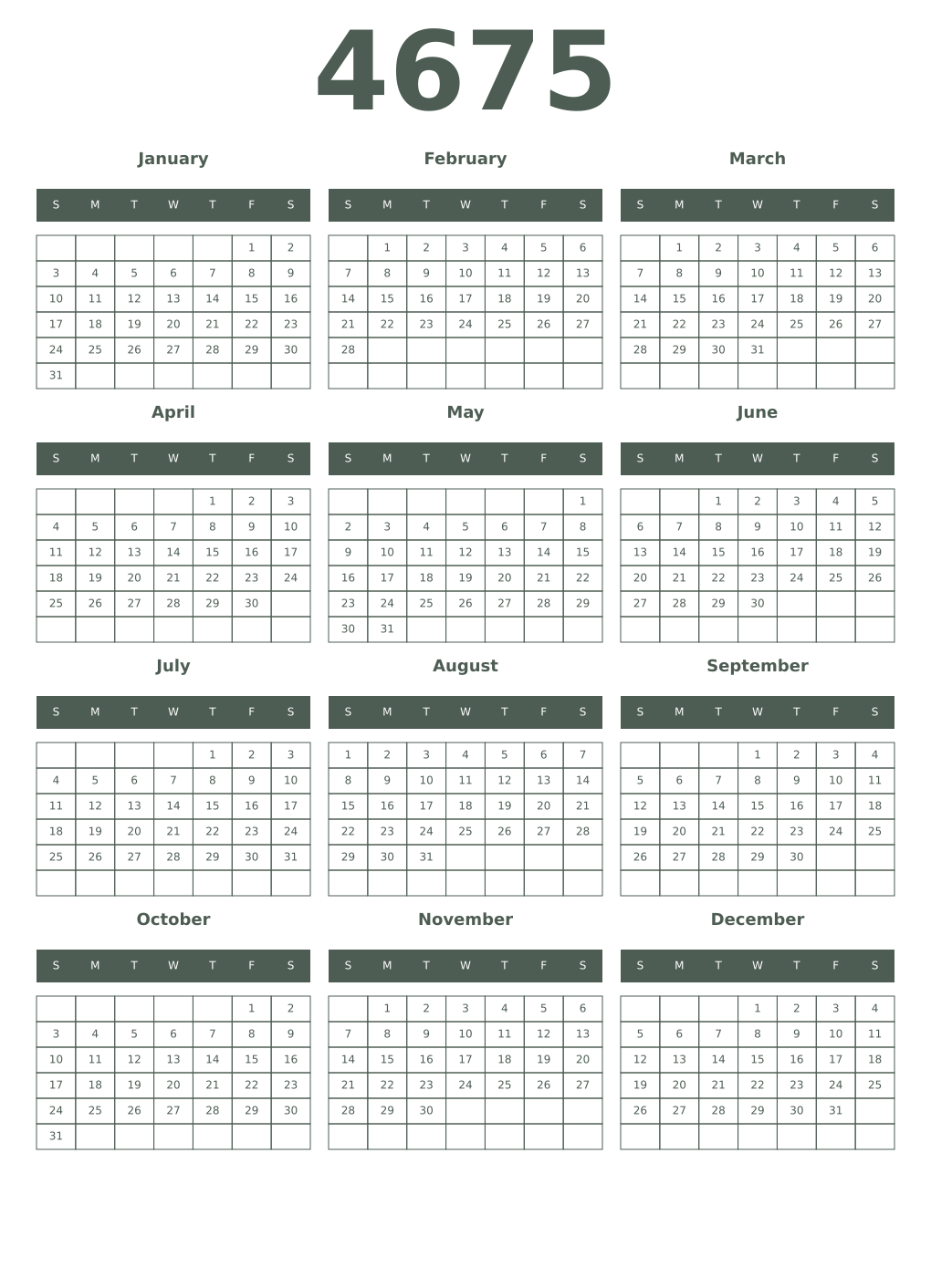 Printable 4675 Year Calendars feldgrau