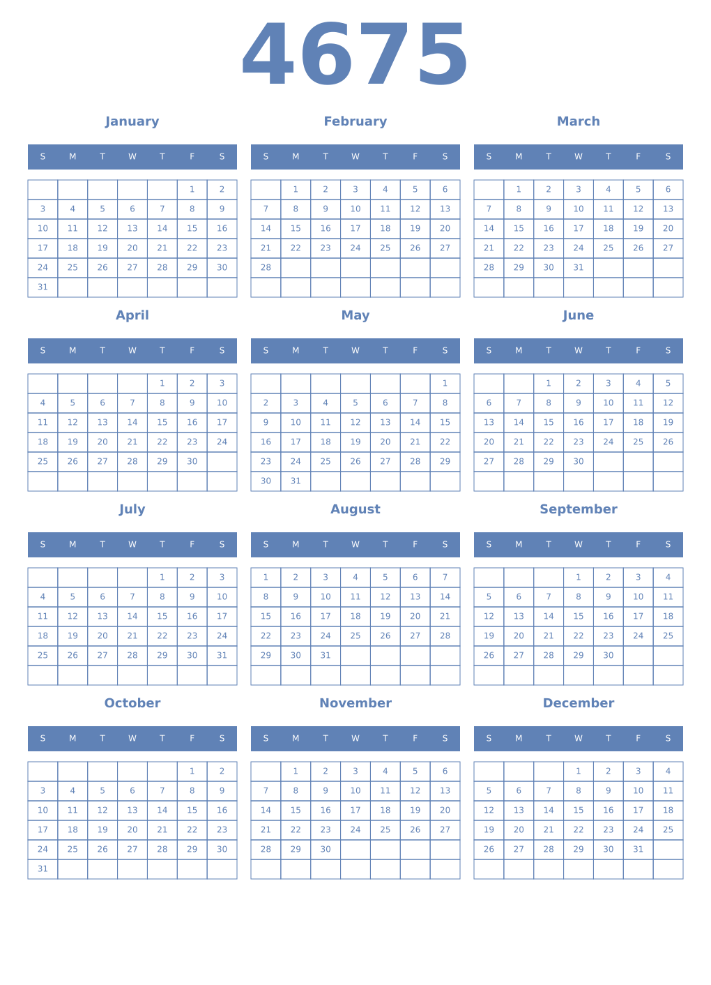 Printable 4675 Year Calendars glaucous