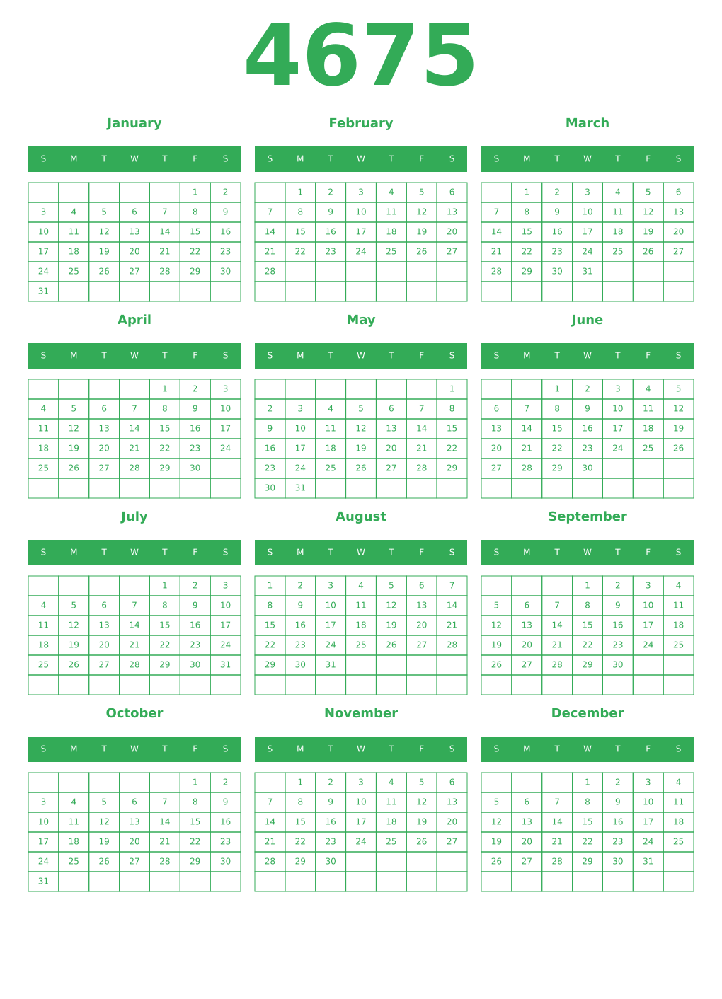 Printable 4675 Year Calendars green