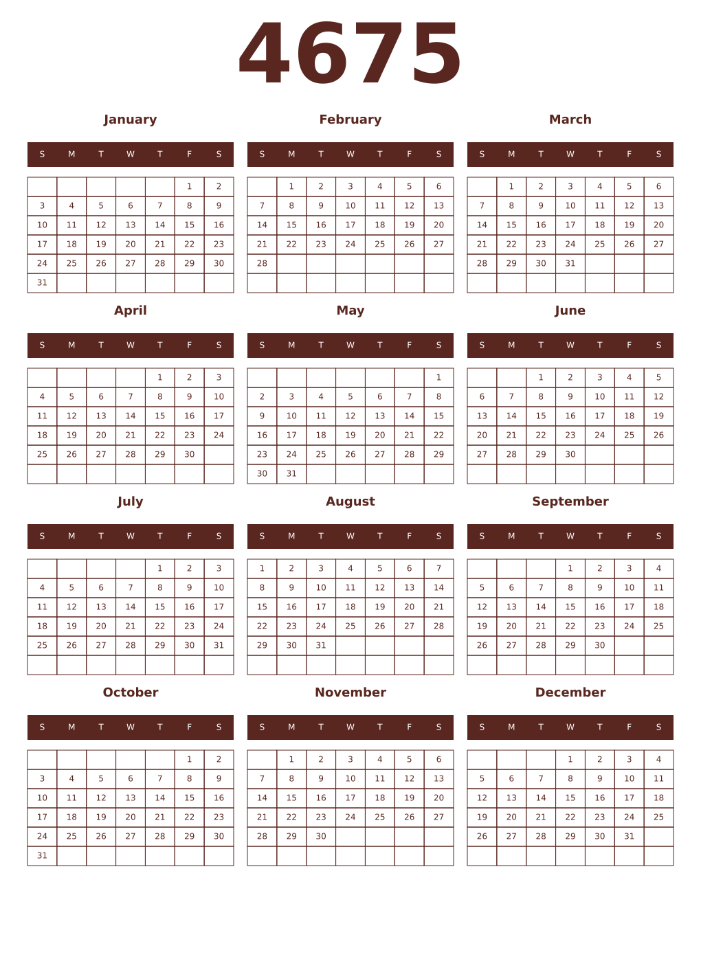Printable 4675 Year Calendars mortuum
