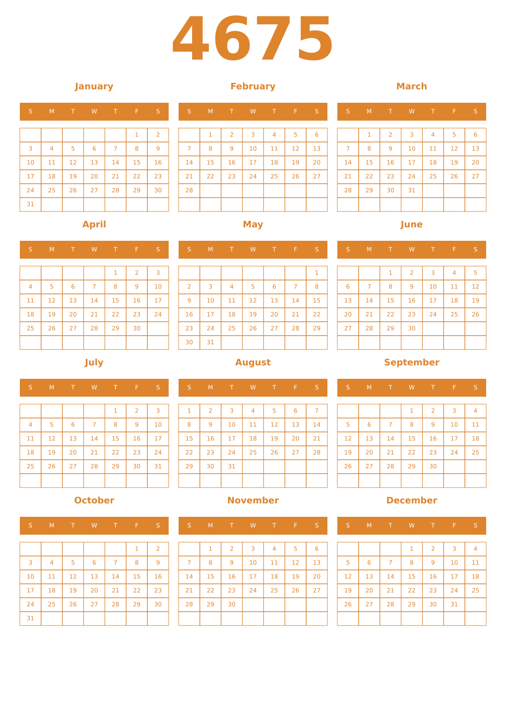 Printable 4675 Year Calendars orange