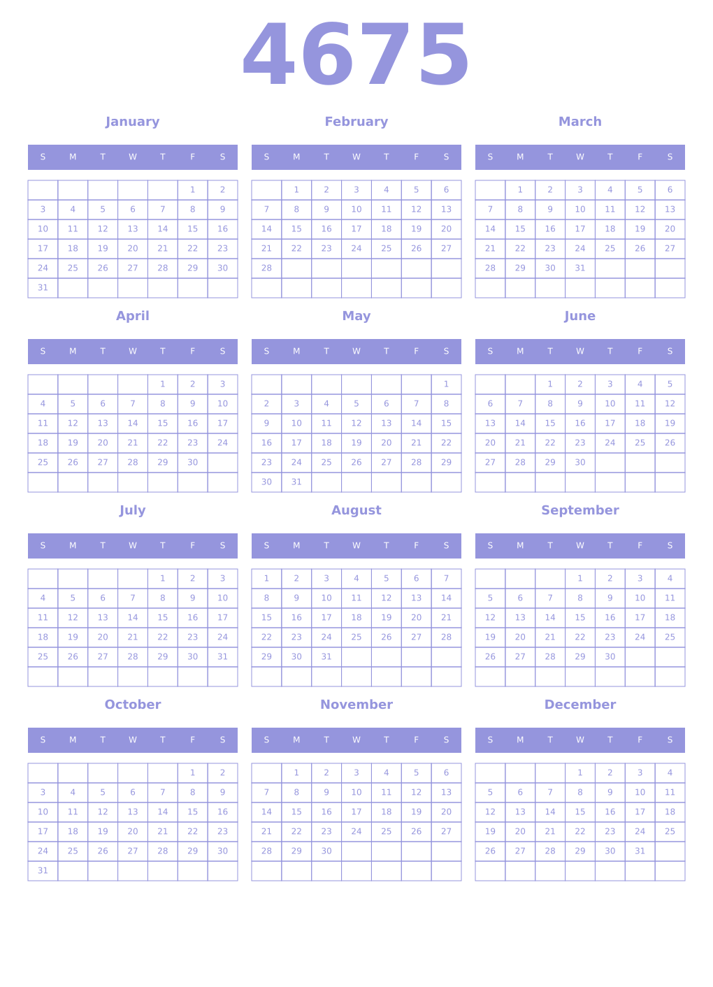 Printable 4675 Year Calendars periwinkle