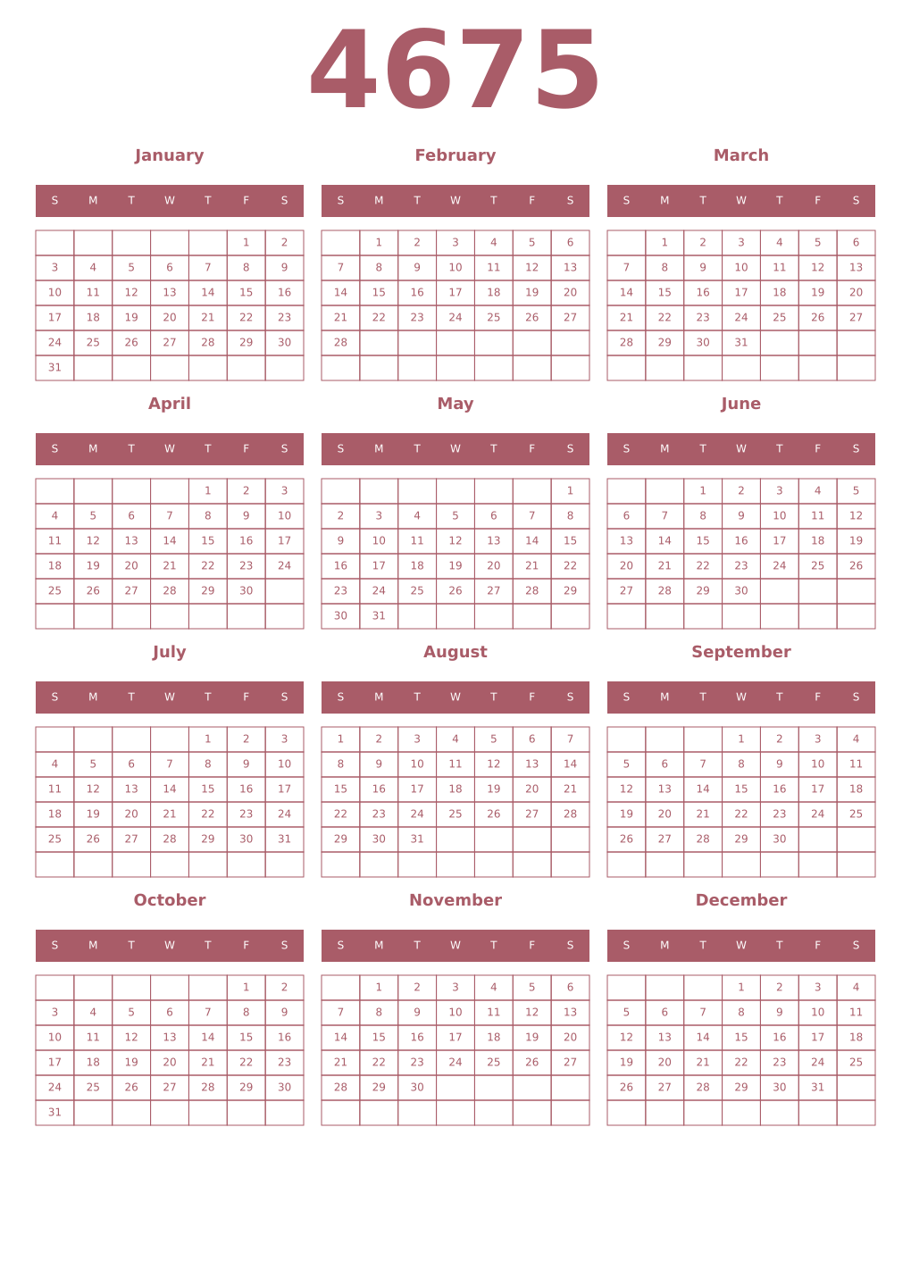 Printable 4675 Year Calendars puce